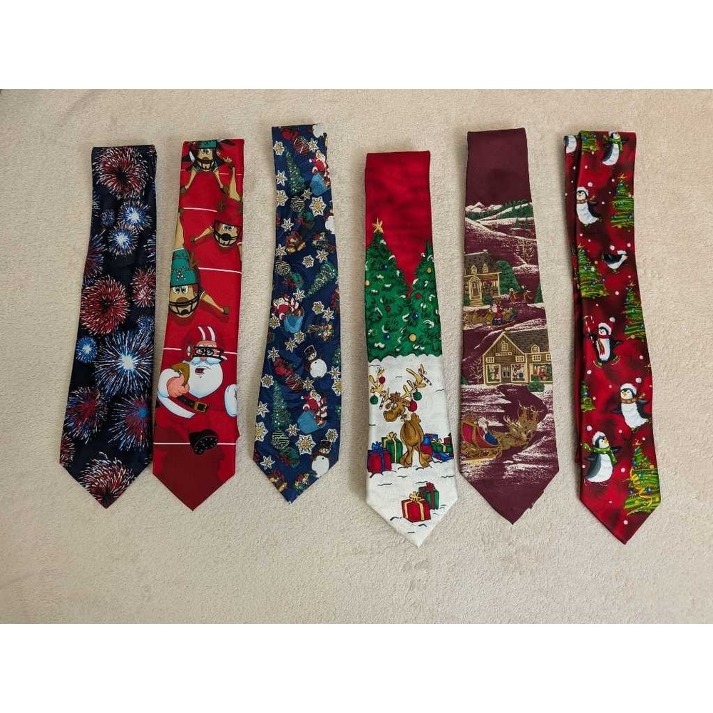 7 Holiday Christmas Ties‎ Assorted Patterns Santa Penguins Fireworks Trees